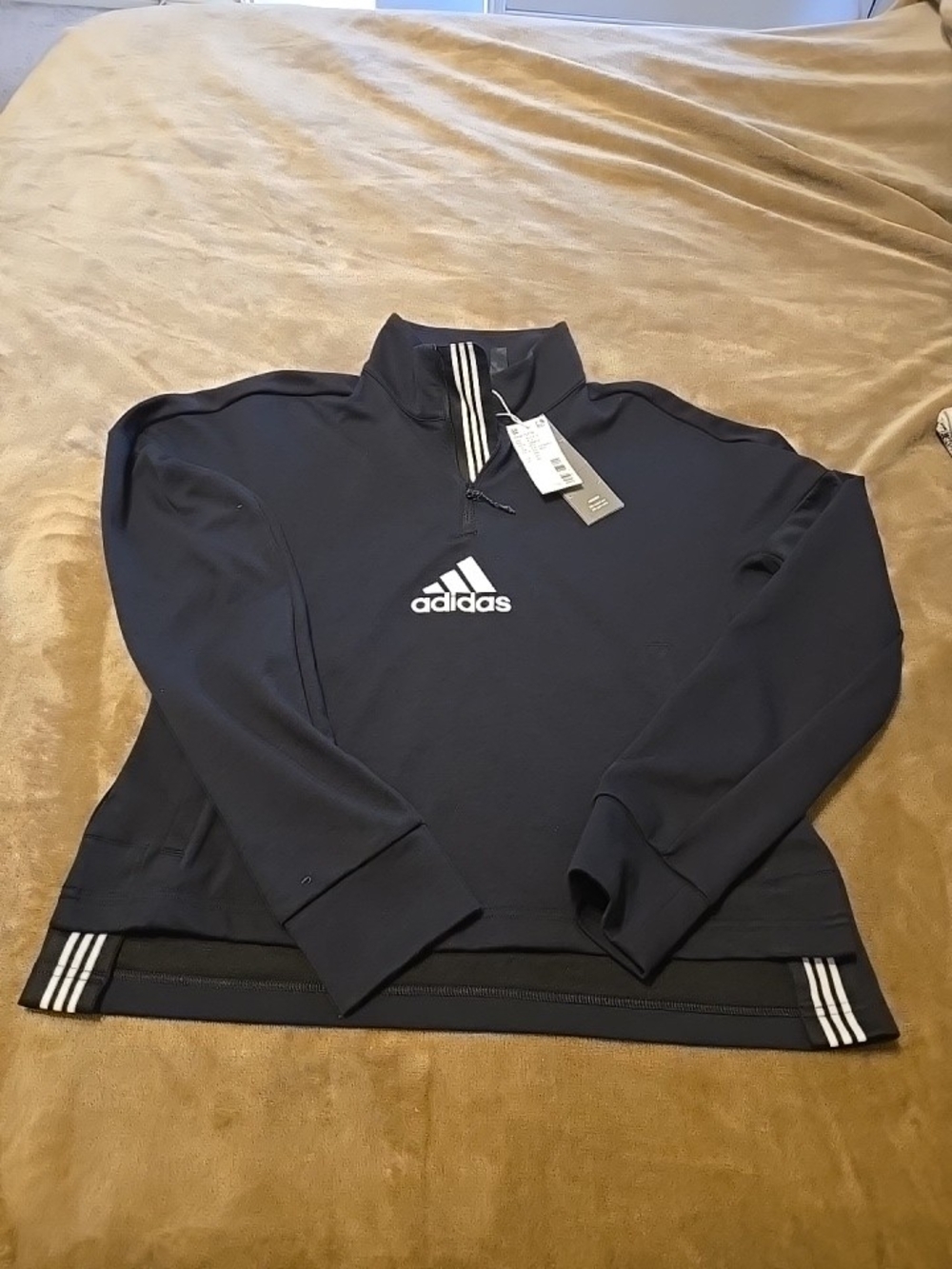 adidas Black Half-Zip Small Pullover with White Logo Stripes New With Tags